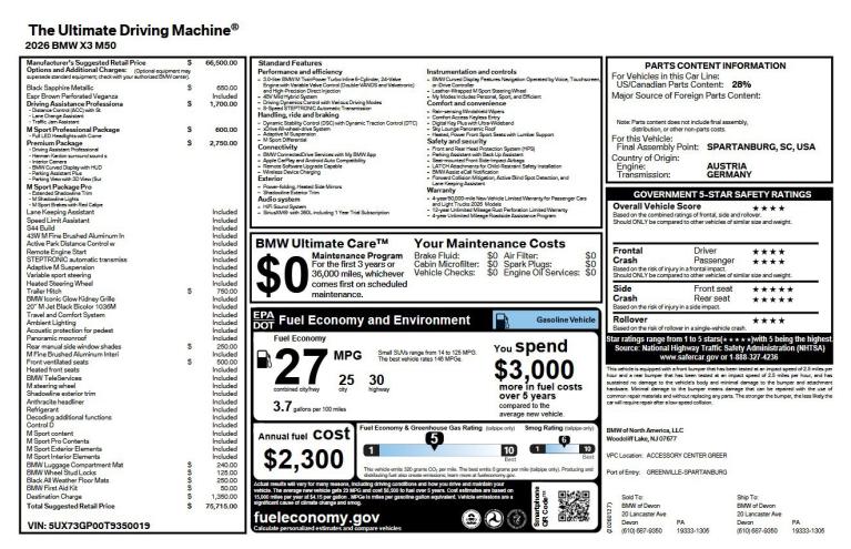 Used 2026 BMW X3 M50 xDrive for sale $66,950 at Motorcars of the Main Line in King of Prussia PA'